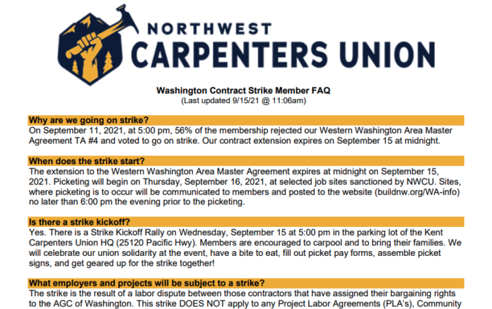 Washington Carpenters Union Strikes After Voting to Reject Contract, 2021-09-16