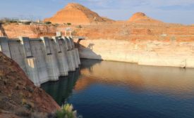 Lake Powell level behind Glen Canyon Dam in August 2021