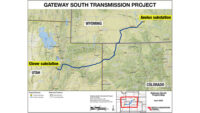 Map showing path of the Gateway South Transmission Project from from Utah, through Colorado to Wyoming