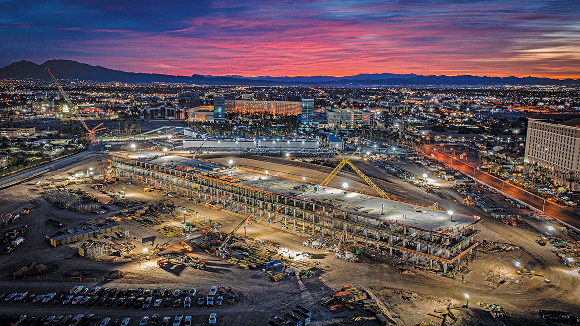Las Vegas Sunset Aerial View With Mountain. Viewed From Top Of