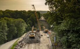 A photo of the reconstructed Fern Hollow Bridge after its emergency replacement