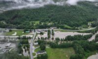 A drone shot of the July 2023 flooding in Vermont