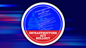 Blue, red and white graphic showing the image of the Capitol building within a circle with the words "Infrastructure Act Rollout"
