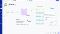 Screenshot of the Planera Interface, including a flowchart and a vertical menu bar in purple