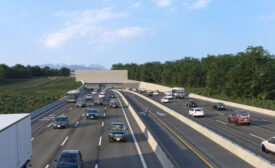 Rendering of Massey Tunnel shows cars driving on a multilane road, a concrete barrier in the center separates the directions. In the background is a blue sky, mountain tops and trees.