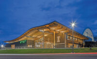 The arena’s double curved roofline