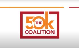 Red and orange logo of 50K Coalition on white gradient background