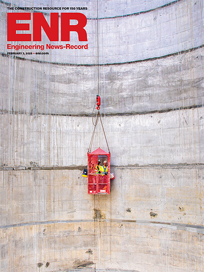 construction workers in red elevator