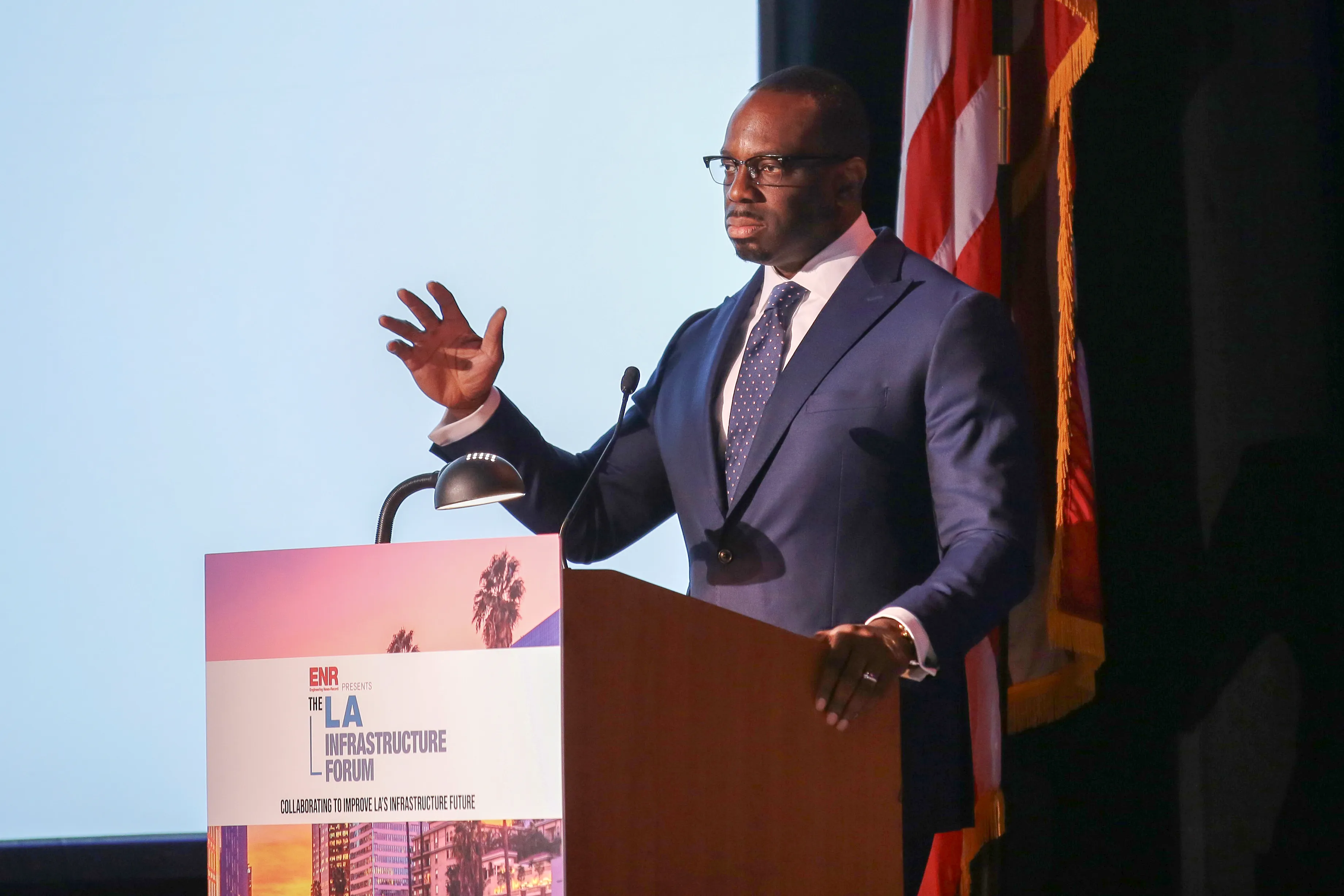 Toks Omishakin, California Secretary of Transportation, delivers a presentation at LA Infrastructure Forum presented by Engineering News Record Record Magazine