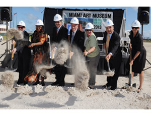 Taking part in the recent groundbreaking for the new Miami Art Museum facility were, from left: Thom Collins, MAM Director; Miami-Dade County Commission Audrey M. Edmonson; MAM Board of Trustees Chairman Aaron Podhurst; Miami-Dade County Mayor Carlos Alvarez; Miami-Dade County Commissioner Sally A. Heyman; Miami-Dade County Manager George M. Burgess; and Christine Binswanger, senior partner with Herzog & de Meuron. 
